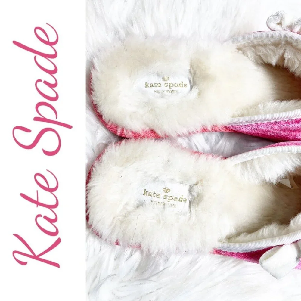 KATE SPADE PLAY HOOKY PINK VELVET SLIPPERS FAUX FUR LINING, SIZE‎ 7